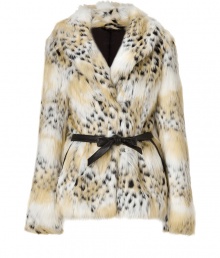 Cozy up to new season glamour in Rachel Zoes ultra soft faux cheetah fur coat - Shawl collar, long sleeves, hidden front hook closures, slit pockets, black faux leather trim and self-tie sash around the waist, back belt loops - Tailored fit - Wear with tees and leather leggings, or over sharply tailored cocktail dresses