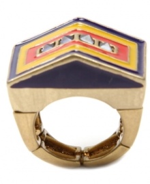 Structurally stylish. RACHEL Rachel Roy's pyramid-shaped statement ring combines bright acrylics in orange, purple and yellow with a chic studded decor. Crafted in gold tone mixed metal. Ring stretches to fit finger. Structurally stylish. RACHEL Rachel Roy's pyramid-shaped statement ring combines bright acrylics in orange, purple and yellow with a chic studded decor. Crafted in gold tone mixed metal. Ring stretches to fit finger.