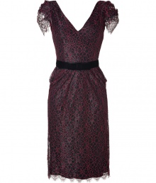 Take on this seasons love for everything lace with Collette Dinnigans glossy black and ruby cocktail sheath, detailed with a black velvet flat bow sash for that romantic, feminine feel - V-neckline in front and back, puffed cap sleeves, scalloped trim, draped waist detail, adjustable sash with hidden snap and hook closures, hidden back zip - Fitted, falls to the knee - Team with platform pumps and a statement metallic clutch