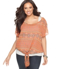 Tie-up a super-cute look with Soprano's short sleeve plus size top, highlighted by a bold print.