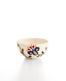 Hand painted with folksy florals, the Jardin fruit bowl delivers colorful fresh-for-spring style and everyday durability. Hand painted with folksy florals, the Jardin fruit bowl delivers colorful fresh-for-spring style and everyday durability.
