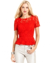 Pep up your look with this DKNY Jeans petite lace peplum top. Pair it with a tank top and coated jeans for sweet-meets-sultry appeal. Pep up your look with this DKNY Jeans petite lace peplum top. Pair it with a tank top and coated jeans for sweet-meets-sultry appeal.