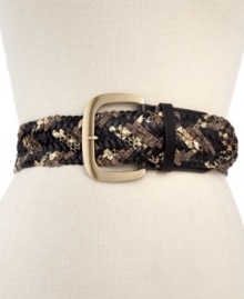 Wildly versatile, this Steve Madden belt is dressed to impress in a chic snakeskin print that's intricately woven and accented with a golden, C-ring buckle. Wildly versatile, this Steve Madden belt is dressed to impress in a chic snakeskin print that's intricately woven and accented with a golden, C-ring buckle.