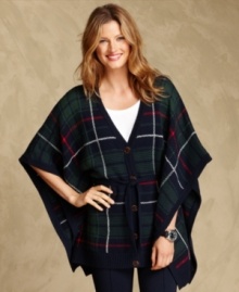 Cozy into a classic. Tommy Hilfiger's plaid cape-style sweater coat ties at the waist for a flattering fit.