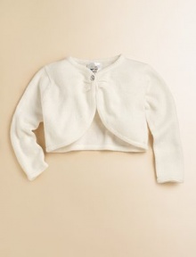 A striking crystal button and gathered front define this cute, cozy little coverup.Slight v-neckLong sleevesFront button closurePolyester/Nylon/Wool/Angora/CashmereDry cleanImported Please note: Number of buttons may vary depending on size ordered. A striking crystal button and gathered front define this cute, cozy little coverup.Slight v-neckLong sleevesFront button closurePolyester/Nylon/Wool/Angora/CashmereDry cleanImported Please note: Number of buttons may vary depending on size ordered.
