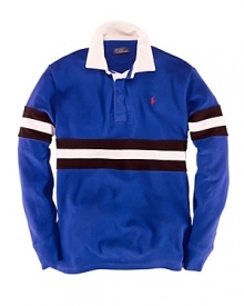 Classic cotton mesh is boldly adorned with contrast stripes along the chest and sleeves for a graphic, sporty feel. Classic cotton mesh is boldly adorned with contrast stripes along the chest and sleeves for a graphic, sporty feel.