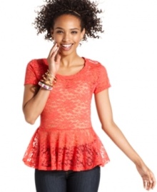 Fancy that: dainty lace and a sweet peplum hem band together with charm on this utterly cute top from Fresh Brewed.