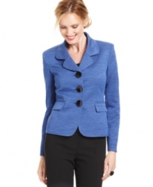 A petite jacket in variegated tweed fabric makes a fashionable statement in the boardroom and beyond, from Kasper.