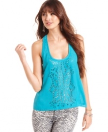 Go fun by day in Eyeshadow's sequin-embellished, laser cutout tank top!