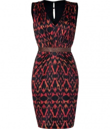 Take this seasons penchant for prints to cocktails with Salonis ultra chic tonal terracotta ikat print dress - V-neckline, sleeveless, gathered front, chocolate metallic elasticized waistband, hidden back zip, cut-out with button closures at nape - Form-fitting - Team with statement platforms and a cool clutch