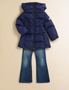 A weather-resistant, down-filled jacket with feminine Princess seams and an A-line silhouette. Stand-up collar Detachable hood Long sleeves with elastic cuffs Front zip closure Logo patch on arm Side zip slash pockets Nylon Down fill Dry clean Imported of Italian fabric A weather-resistant, down-filled jacket with feminine Princess seams and an A-line silhouette. Stand-up collar Detachable hood Long sleeves with elastic cuffs Front zip closure Logo patch on arm Side zip slash pockets Nylon Down fill Dry clean Imported of Italian fabric