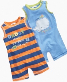 Cute graphics make this romper from First Impressions the perfect outfit to slip him into for a day full of fun. Cute graphics make this romper from First Impressions the perfect outfit to slip him into for a day full of fun.