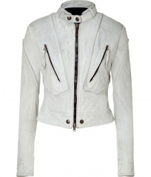 This ultra-chic moto-styled leather jacket bring tough-yet-stylish appeal to your lookday or night -Button-detailed stand collar, zipper front, zip chest pockets, seaming details at shoulders and back, cropped silhouette - Style with a floral mini-dress, patterned tights, and buckle-detailed ankle boots This ultra-chic moto-styled leather jacket bring tough-yet-stylish appeal to your lookday or night -Button-detailed stand collar, zipper front, zip chest pockets, seaming details at shoulders and back, cropped silhouette - Style with a floral mini-dress, patterned tights, and buckle-detailed ankle boots