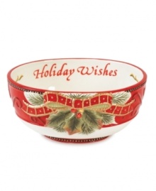 Perfect accessory for the holidays from Fitz and Floyd's collection of serveware and serving dishes. Festively decorated in red and green and inscribed with a holiday sentiment, Damask Sentiment bowl will be a treasured addition to any collection.