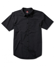 A short-sleeved shirt that goes from T-shirt substitute to full-on office attire: Quiksilver's Rail Bando with high-contrast stripes and activewear-inspired details like an exterior label and branded buttons. A short-sleeved shirt that goes from T-shirt substitute to full-on office attire: Quiksilver's Rail Bando with high-contrast stripes and activewear-inspired details like an exterior label and branded buttons.