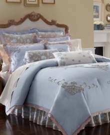 A delicate cutwork design in a taupe hue embellishes a cool blue background in this Rutledge bedding collection from Lenox for a truly traditional air. Sham, comforter and bedskirt are edged with decorative trim for added style.