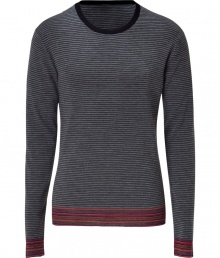 Effortlessly cool and versatile, this slim striped merino wool sweater is a must-have basic - Banded round neck, long sleeves, all-over stripe print, contrasting stripes at cuffs and hem, slim fit - Style with straight leg jeans, chinos, or corduroys