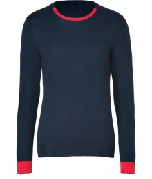 Work a cool colorblock into your knitwear collection with Marc by Marc Jacobs luxe modern iteration in a super soft mix of silk, cotton and cashmere - Round neckline with red trim, long sleeves, red cuffs, fine ribbed trim, red trim on back hemline - Slim fit - Wear with slim fit trousers and leather boots Work a cool colorblock into your knitwear collection with Marc by Marc Jacobs luxe modern iteration in a super soft mix of silk, cotton and cashmere - Round neckline with red trim, long sleeves, red cuffs, fine ribbed trim, red trim on back hemline - Slim fit - Wear with slim fit trousers and leather boots
