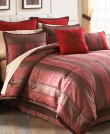 Bold red and brown stripes outlined with lace accents create a decidedly dramatic look in this jacquard woven Tilmont comforter set. Decorative pillows and European shams add an extra pop of red. Comes complete with bedskirt, sheet set and window treatments for a total room transformation.