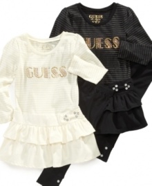 Guess' metallic striped set with glimmering rhinestones will keep her star style bright all day long. Guess' metallic striped set with glimmering rhinestones will keep her star style bright all day long.