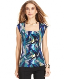 Pair this bold Style&co. petite top with a skirt or trousers for a chic office-ready outfit. A square neckline and ruching add feminine flair to your look! Pair this bold Style&co. petite top with a skirt or trousers for a chic office-ready outfit. A square neckline and ruching add feminine flair to your look!