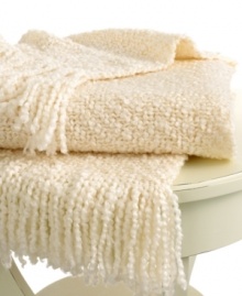 Beat the cold with this super-soft throw from Lauren by Ralph Lauren. Features a boucle knit in a cream hue for a cozy addition anywhere in your home. Finished with a 3 fringe. Beat the cold with this super-soft throw from Lauren by Ralph Lauren. Features a boucle knit in a cream hue for a cozy addition anywhere in your home. Finished with a 3 fringe.