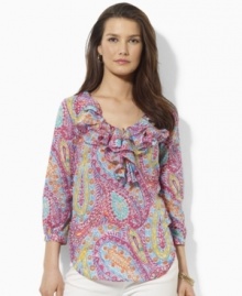 A beautifully bright paisley-pattern lends breezy charm to this Lauren by Ralph Lauren petite top, designed in light-as-air cotton voile with puffed sleeves and voluminous ruffles for a graceful touch. (Clearance) A beautifully bright paisley-pattern lends breezy charm to this Lauren by Ralph Lauren petite top, designed in light-as-air cotton voile with puffed sleeves and voluminous ruffles for a graceful touch. (Clearance)