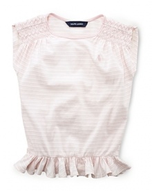 A pretty striped tee is crafted from soft cotton jersey and finished with smocked shoulders and a ruffled hem for a girlie look. A pretty striped tee is crafted from soft cotton jersey and finished with smocked shoulders and a ruffled hem for a girlie look.