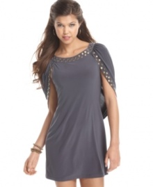 With this slim fit dress attached to a studded overlay, Reign proves that you don't have to be Batman to look awesome in a cape! With this slim fit dress attached to a studded overlay, Reign proves that you don't have to be Batman to look awesome in a cape!