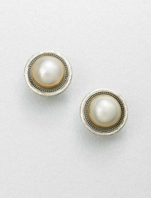 From the Gauntlet Collection. Stunning white mabe pearls set in 24k gold and hammered sterling silver. White cultured mabe pearl18k goldSterling silverSize, about 1Post backImported From the Gauntlet Collection. Stunning white mabe pearls set in 24k gold and hammered sterling silver. White cultured mabe pearl18k goldSterling silverSize, about 1Post backImported