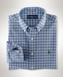 A masculine plaid pattern lends preppy style to a classic-fitting sport shirt, rendered in oxford-woven cotton for stylish comfort.