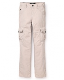 These rugged Aqua cargo pants will bring him seasons of classic seven-pocket style. These rugged Aqua cargo pants will bring him seasons of classic seven-pocket style.