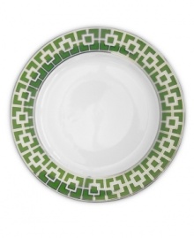 Anything but square, the Nixon dessert plates from Jonathan Adler shape things up with a fantastic geometric print in green, white and dazzling platinum. Anything but square, the Nixon dessert plates from Jonathan Adler shape things up with a fantastic geometric print in green, white and dazzling platinum.