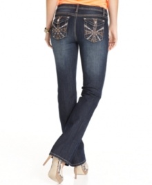 These petite pair of bootcut jeans from Earl Jeans features chic pleather trim and embroidery at the back pockets and a brilliant dark wash. These petite pair of bootcut jeans from Earl Jeans features chic pleather trim and embroidery at the back pockets and a brilliant dark wash.
