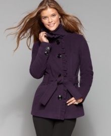 What makes Steve Madden's cozy cropped trench so great? The ruffled edges and slim fit keep the look totally feminine and more than a little flirty! (Clearance) What makes Steve Madden's cozy cropped trench so great? The ruffled edges and slim fit keep the look totally feminine and more than a little flirty! (Clearance)