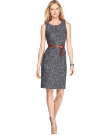 A leather belt adds a flattering touch to this chic petite tweed dress by MICHAEL Michael Kors. (Clearance) A leather belt adds a flattering touch to this chic petite tweed dress by MICHAEL Michael Kors. (Clearance)