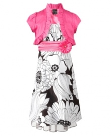 Work it! Pleated detailing on the cardigan and fabulous back and white floral print on the dress give this Sequin Hearts set runway model flair. Work it! Pleated detailing on the cardigan and fabulous back and white floral print on the dress give this Sequin Hearts set runway model flair.