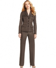 Kasper's petite pant suit touts four buttoned flap pockets on the jacket and a seamed waistband for a crisp look. Kasper's petite pant suit touts four buttoned flap pockets on the jacket and a seamed waistband for a crisp look.
