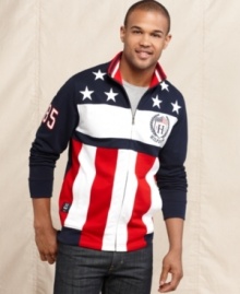 Celebrate the 4th with full-on patriotic style wearing this full-zip stars and stripes shirt from Tommy Hilfiger. Celebrate the 4th with full-on patriotic style wearing this full-zip stars and stripes shirt from Tommy Hilfiger.