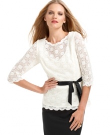 Alex Evenings' petite top features a gorgeous lace overlay and a ribbon sash at the waist--a beautiful option for creating a fresh, feminine special occasion ensemble. Alex Evenings' petite top features a gorgeous lace overlay and a ribbon sash at the waist--a beautiful option for creating a fresh, feminine special occasion ensemble.