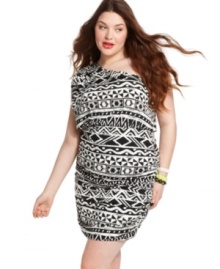 Infuse a global feel to your style this season with Soprano's one-shoulder plus size dress, flaunting a tribal print.