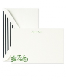 Get everybody's wheels spinning with From Me to You stationary. A letterpress bicycle print comes around the corner on white cards with stripe-lined envelopes from kate spade by Crane. Get everybody's wheels spinning with From Me to You stationary. A letterpress bicycle print comes around the corner on white cards with stripe-lined envelopes from kate spade by Crane.