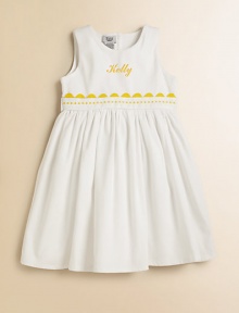 A classic look for adorable girls everywhere, shaped from soft cotton piqué with a ribbon waist and yellow rick-rack trim. Back button closure Gathered empire waist Cotton Machine wash Made in USA FOR PERSONALIZATION Select a quantity, then scroll down and click on PERSONALIZE & ADD TO BAG to choose and preview your personalization options. Please allow 2 weeks for delivery. A classic look for adorable girls everywhere, shaped from soft cotton piqué with a ribbon waist and yellow rick-rack trim. Back button closure Gathered empire waist Cotton Machine wash Made in USA FOR PERSONALIZATION Select a quantity, then scroll down and click on PERSONALIZE & ADD TO BAG to choose and preview your personalization options. Please allow 2 weeks for delivery.