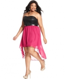 Dance the night away in Trixxi's strapless plus size dress, punctuated by a high-low hem! Dance the night away in Trixxi's strapless plus size dress, punctuated by a high-low hem!