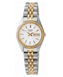 A beautiful, everyday women's watch from Pulsar with fine detailing. Stainless steel silvertone bracelet and round case with goldtone accents. White dial with logo, date window and stick indices. Quartz movement. Water resistant to 30 meters. Three-year limited warranty. A beautiful, everyday women's watch from Pulsar with fine detailing. Stainless steel silvertone bracelet and round case with goldtone accents. White dial with logo, date window and stick indices. Quartz movement. Water resistant to 30 meters. Three-year limited warranty.
