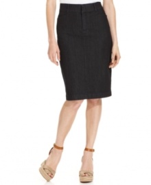 JM Collection's petite denim skirt has a crisp dark wash and a sleek pencil silhouette -- a perfect piece for work or play! JM Collection's petite denim skirt has a crisp dark wash and a sleek pencil silhouette -- a perfect piece for work or play!