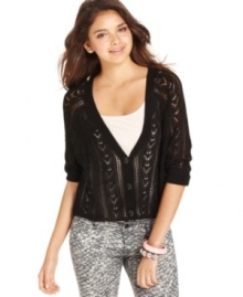 Cardi love: Say What? fuses open-knit detail with cable-knit design on the perfect layer to your tees and jeans. Cardi love: Say What? fuses open-knit detail with cable-knit design on the perfect layer to your tees and jeans.