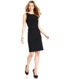 A must-have for every wardrobe, you'll always look sleek and chic in Calvin Klein's navy petite belted sheath. Origami-like pleats at the waist add a fresh, architectural touch.