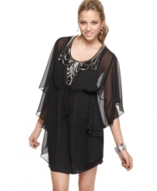 Intricate metallic beading at the neckline and a dreamy cascade of chiffon demand all attention in this dress from Trixxi! Pair it with pumps or tall boots and tights for a look that is the epitome of lovely. Intricate metallic beading at the neckline and a dreamy cascade of chiffon demand all attention in this dress from Trixxi! Pair it with pumps or tall boots and tights for a look that is the epitome of lovely.