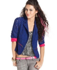 Born to be bold! From the vibrant lace fabric to the pops of color at the cuffs, this blazer from Material Girl totally brings it. Born to be bold! From the vibrant lace fabric to the pops of color at the cuffs, this blazer from Material Girl totally brings it.